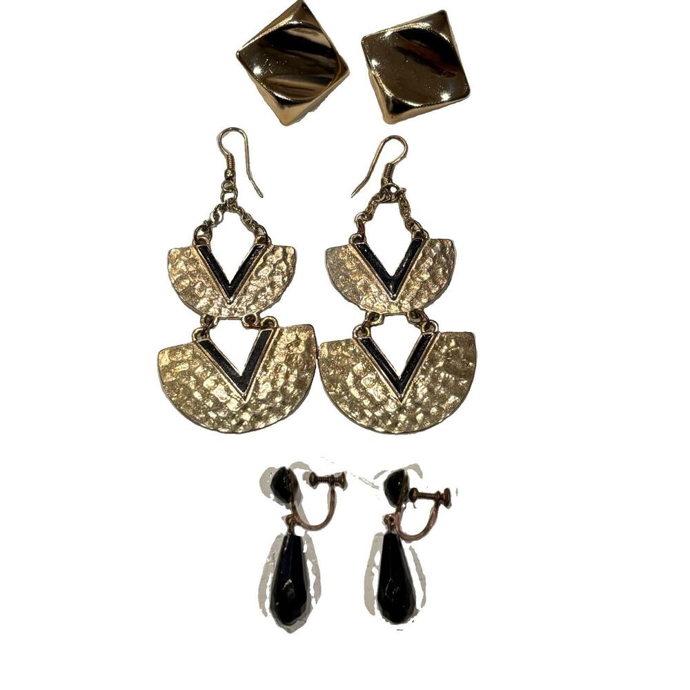 Lot of 3 Gold Tone & Black Statement Earrings Geometric Dangle Clip & Screw Back